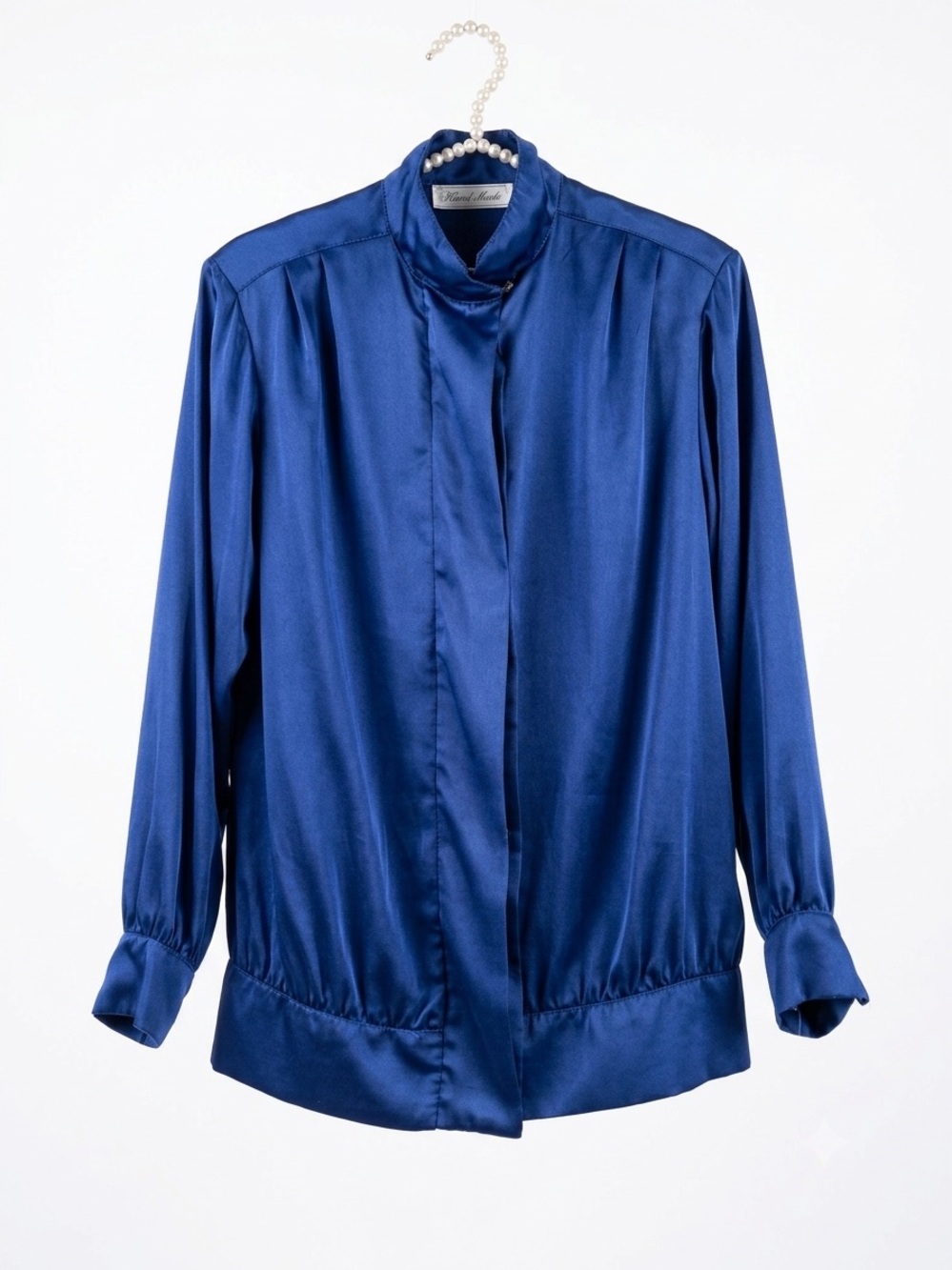 Vintage 80s Kermit Base Blue Satin Blouse | High Neck Secretary Top